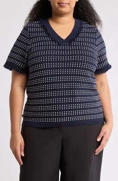 Adrianna Papell Fringe Trim Short Sleeve Crop Sweater In Blue