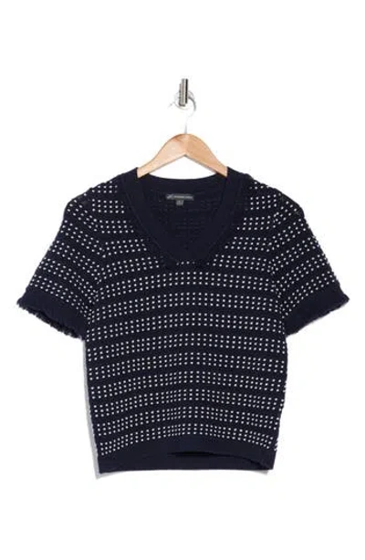 Adrianna Papell Fringe Trim Short Sleeve Crop Sweater In Black