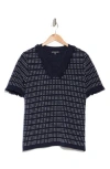 Adrianna Papell Fringe Trim Short Sleeve Crop Sweater In Navy/ivory