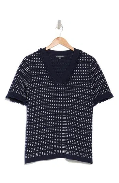 Adrianna Papell Fringe Trim Short Sleeve Crop Sweater In Navy/ivory