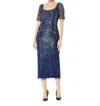 Adrianna Papell Full Beaded Sheath Midi Party Dress In Light Navy In Blue