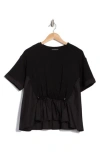 Adrianna Papell Gathered Mixed Media Peplum Top In Black