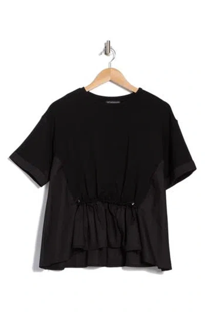 Adrianna Papell Gathered Mixed Media Peplum Top In Black