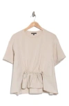 Adrianna Papell Gathered Mixed Media Peplum Top In Pebble