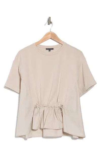 Adrianna Papell Gathered Mixed Media Peplum Top In Pebble