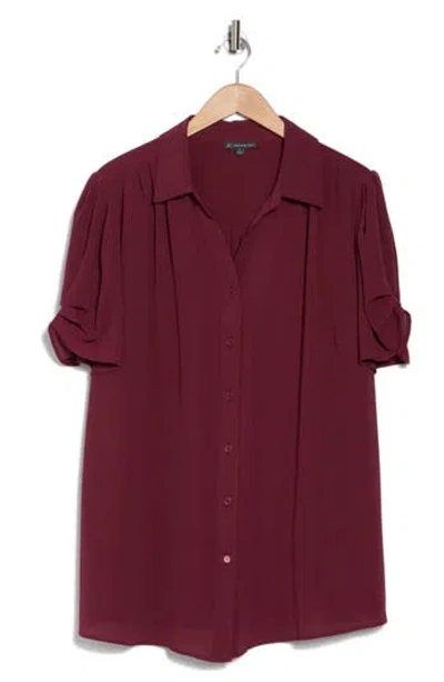 Adrianna Papell Gathered Short Sleeve Button-up Shirt In Deep Burgundy