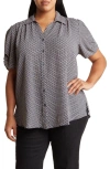 Adrianna Papell Gathered Short Sleeve Button-up Shirt In Dusty Blue Harvest