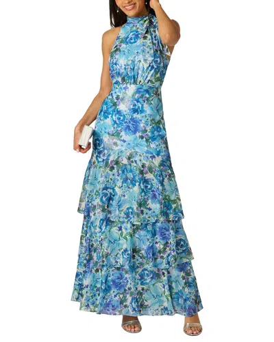 Adrianna Papell Tiered Metallic Floral Chiffon Halter Gown In Blue Multi