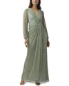 Adrianna Papell Metallic Long Sleeve Mesh Evening Gown In Green