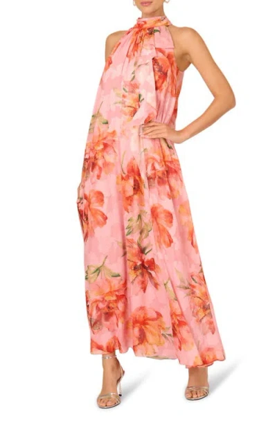 Adrianna Papell Floral Chiffon Trapeze Halter Gown In Pink Multi In Orange