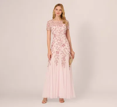 Adrianna Papell Hand Beaded Short Sleeve Floral Godet Gown In Blush Pink