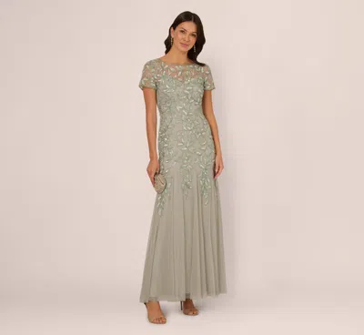 Adrianna Papell Hand Beaded Short Sleeve Floral Godet Gown In Frosted Sage In Green