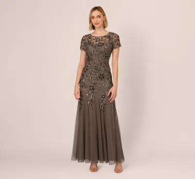 Adrianna Papell Hand Beaded Short Sleeve Floral Godet Gown In Lead In Gray