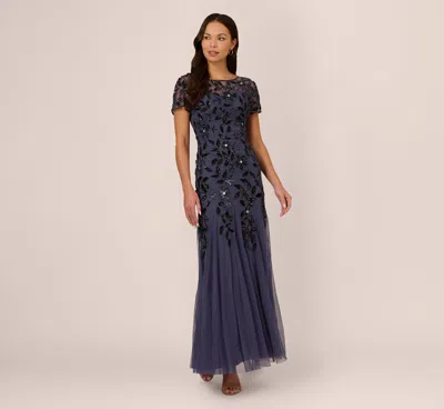 Adrianna Papell Hand Beaded Short Sleeve Floral Godet Gown In Smoky Peri In Blue