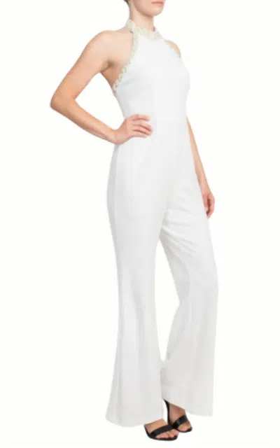 Adrianna Papell High Halter Pearl Trimmed Jumpsuit In Ivory In Multi