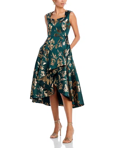 Adrianna Papell High Low Metallic Jacquard Midi Dress In Hunter