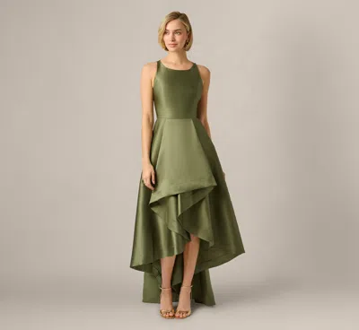Adrianna Papell High Low Mikado Gown With Asymmetrical Detail In Jungle Olive In Green