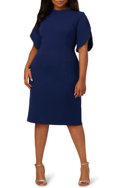 Adrianna Papell Imitation Pearl Detail Crepe Sheath Dress In Navy Sateen