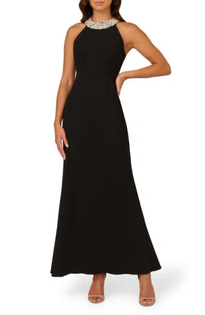 Adrianna Papell Imitation Pearl Embellished Neck Mermaid Gown In Black