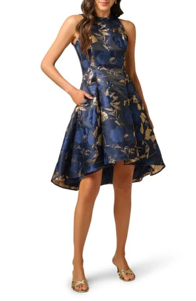 Adrianna Papell Jacquard Ruffle Sleeveless Cocktail Dress In Blue