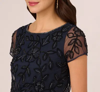 Adrianna Papell Jasmine Beaded Blouson Gown With Sheer Short Sleeves In Navy Black In Blue