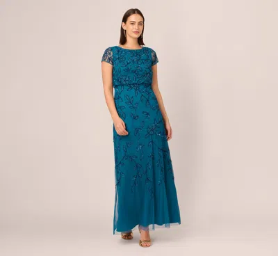 Adrianna Papell Jasmine Beaded Blouson Gown With Sheer Short Sleeves In Teal Sapphire In Blue