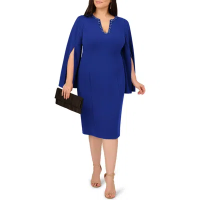 Adrianna Papell Jewel Cape Sleeve Crepe Sheath Dress In Blue