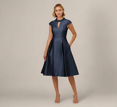 Adrianna Papell Key Hole Mikado Cap Sleeve Midi Dress In Midnight In Blue