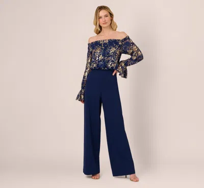 Adrianna Papell Lace And Crepe Jumpsuit In Navy Gold In Blue