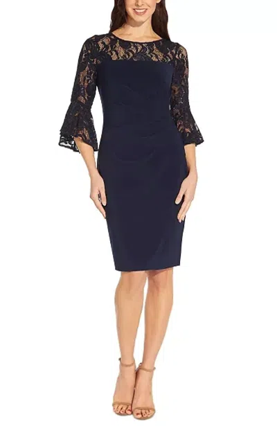 Adrianna Papell Lace-trim Bell-sleeve Jersey Dress In Midnight In Multi