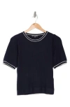 Adrianna Papell Ladylike Scalloped Short Sleeve Sweater In Black