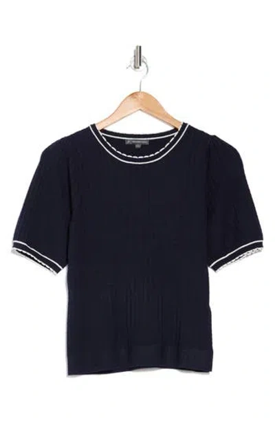 Adrianna Papell Ladylike Scalloped Short Sleeve Sweater In Black