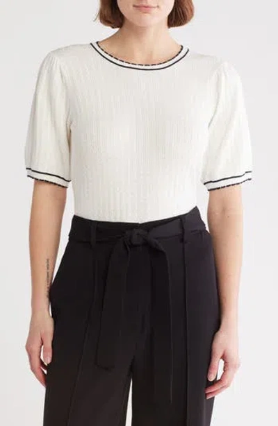 Adrianna Papell Ladylike Scalloped Short Sleeve Sweater In White