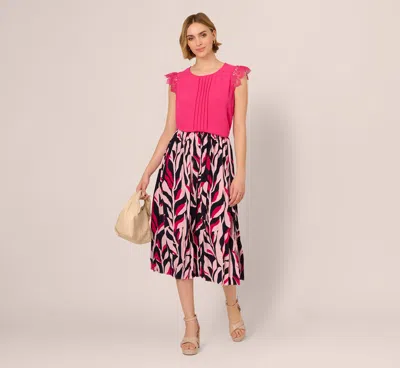 Adrianna Papell Leaf Print A Line Midi Skirt In Navy Leaf Vine In Pink