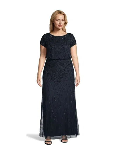 Pre-owned Adrianna Papell Long Beaded Blouson Dress In Midnight Black 20