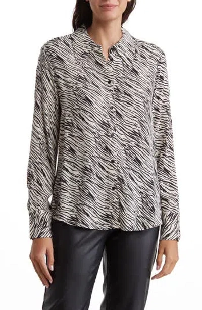 Adrianna Papell Long Sleeve Button-up Shirt In Ivory/black Sketchy Zebra