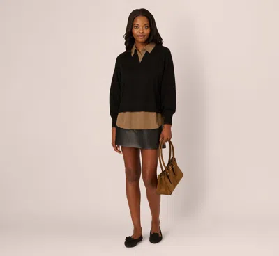 Adrianna Papell Long Sleeve Collared Printed Twover Sweater In Black W Mocha Petite Stripe