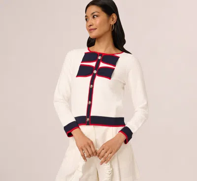 Adrianna Papell Long Sleeve Contrast Tipped Bow Sweater In Ivory Navy Red In Multi