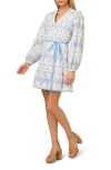 Adrianna Papell Long Sleeve Cotton Minidress In Light Blue/ivory