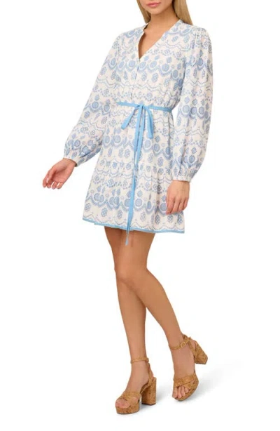 Adrianna Papell Long Sleeve Cotton Minidress In Light Blue,ivory
