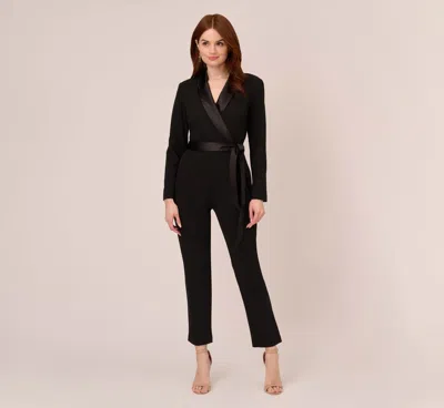 Adrianna Papell Long Sleeve Crepe Jumpsuit With Tuxedo Collar In Black