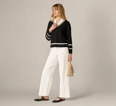Adrianna Papell Long Sleeve Drop Shoulder Twofer Sweater In Black Ivory