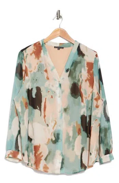 Adrianna Papell Long Sleeve Faux Pearl Chiffon Top In Dusty Seafoam Watercolor