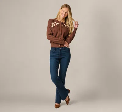 Adrianna Papell Long Sleeve Floral Blossom Embroidered Cardigan Sweater In Truffle Cream In Brown