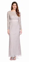 Adrianna Papell Long Sleeve Formal Lace Dress In Gray
