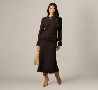 Adrianna Papell Long Sleeve Fuzzy Fringe Trim Sweater In Dark Roast In Brown