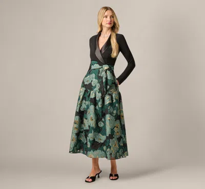 Adrianna Papell Long Sleeve Jacquard Tuxedo Ankle Length Combo Dress In Black Emerald In Multi