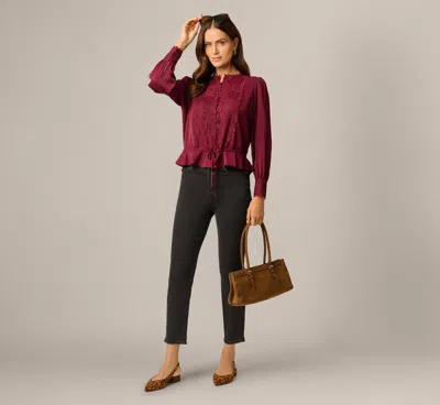 Adrianna Papell Long Sleeve Lace Trim Drawstring Hem Blouse In Fig
