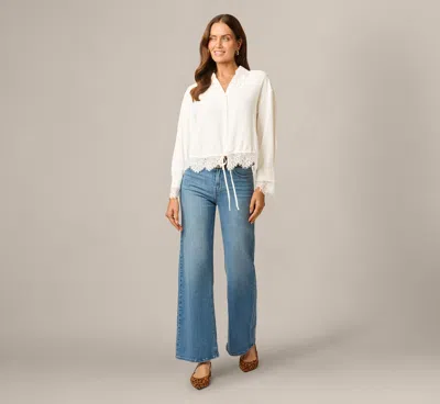 Adrianna Papell Long Sleeve Lace Trim Drawstring Hem Blouse In Ivory In White