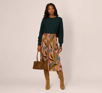 Adrianna Papell Long Sleeve Laced Raglan Sweater In Forest Teal In Green